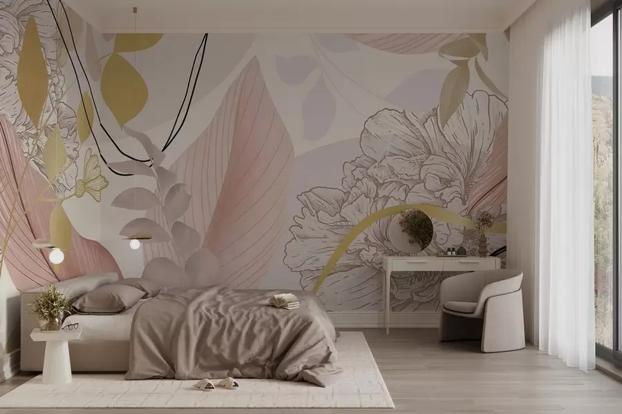 Fototapet Abstrakt blommönster med stora blad i dämpade rosa och gula nyanser med tunna svarta linjer och vita blommiga konturer. w09544v1