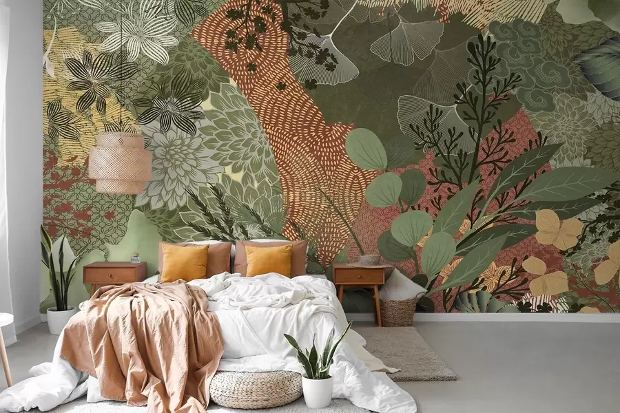 Fototapet Abstrakt collage med botaniska element som blad, blommor och organiska texturer i nyanser av grönt och brunt w09545