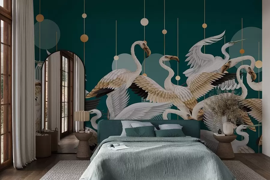 Fototapet En flock vita flamingor med graciösa vingar mot en mörkblå bakgrund med gula linjer och cirklar w09546