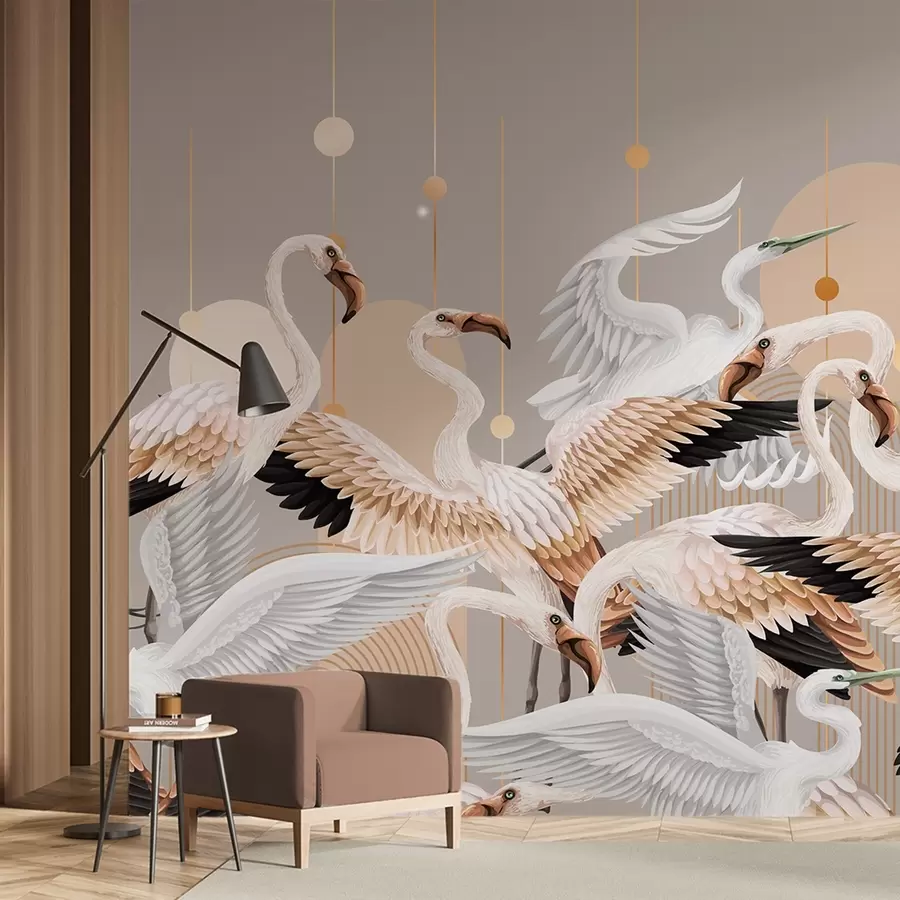 Fototapet En flock vita flamingor med graciösa vingar mot en neutral bakgrund med gula linjer och cirklar w09546v1