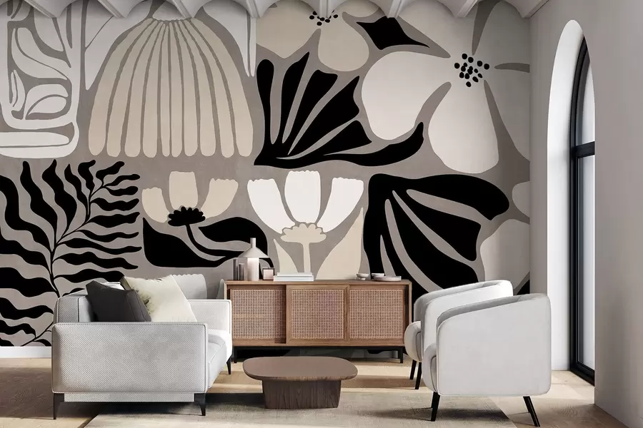 Fototapet Moderna minimalistiska stiliserade blommor och blad i beige, svart och vitt, texturerade på en grå bakgrund w09547