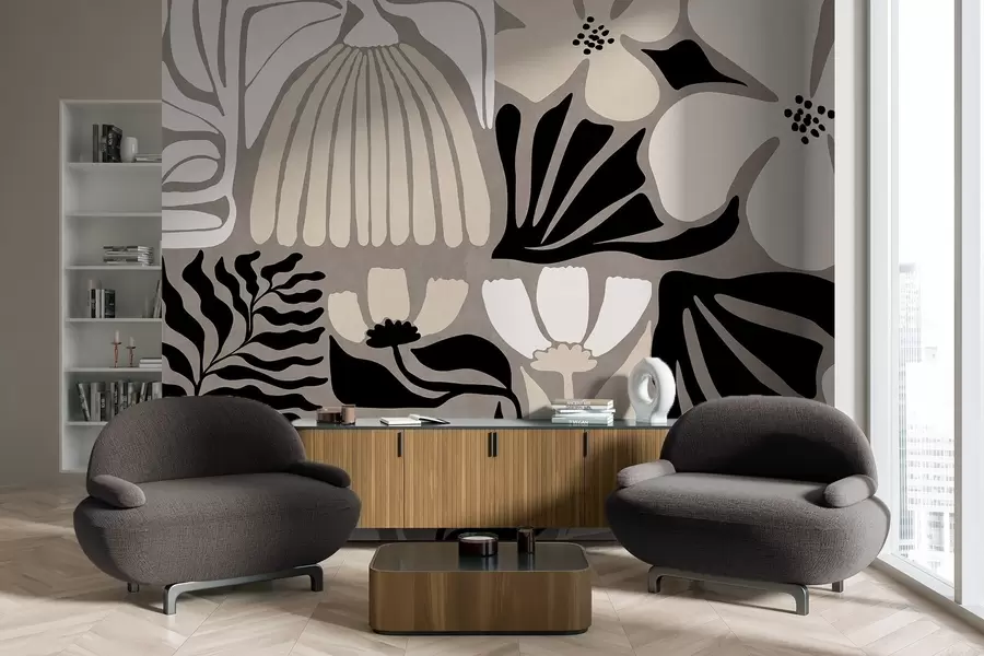 Fototapet Moderna minimalistiska stiliserade blommor och blad i beige, svart och vitt, texturerade på en grå bakgrund w09547