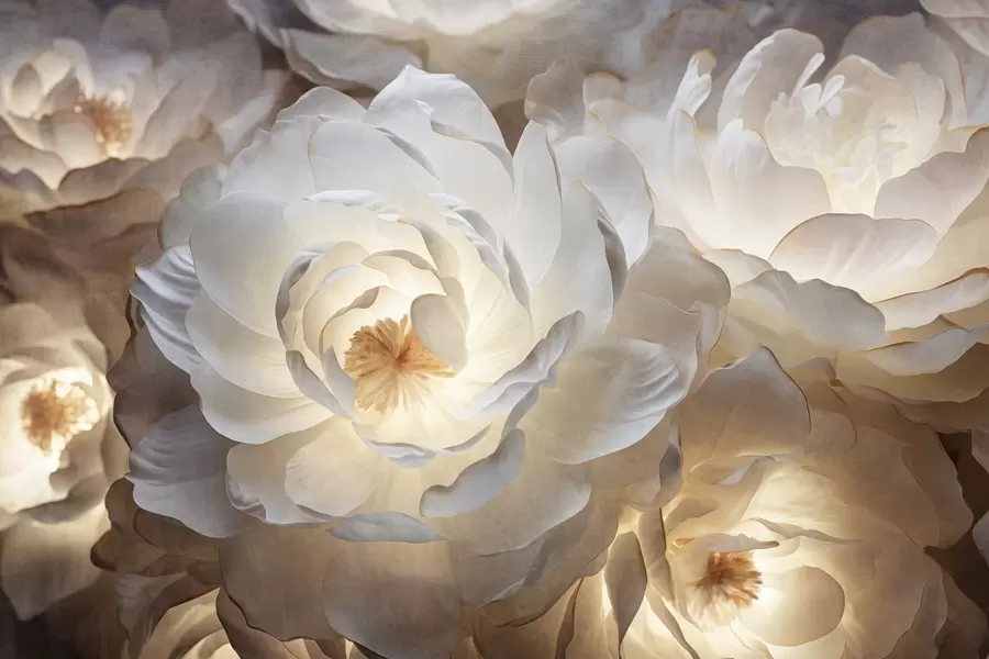 Fototapet Stora, vita fantasifulla pionblommor med gula centrum, mjuk belysning och delikata, texturerade lager av kronblad w09550