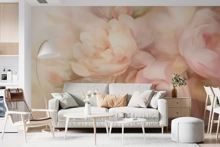 Fototapet Suddig ljusrosa och krämfärgade pioner med mjuka, måleriska penseldrag som imiterar ett texturerat blomsterarrangemang w09556