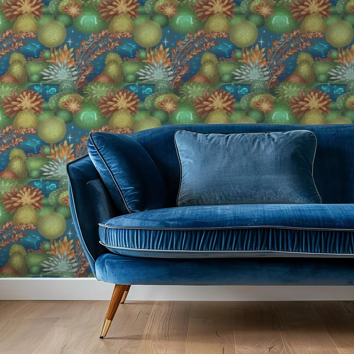 Bakgrund Sagolik natt trädgård med en sjö och lysande djur a00851