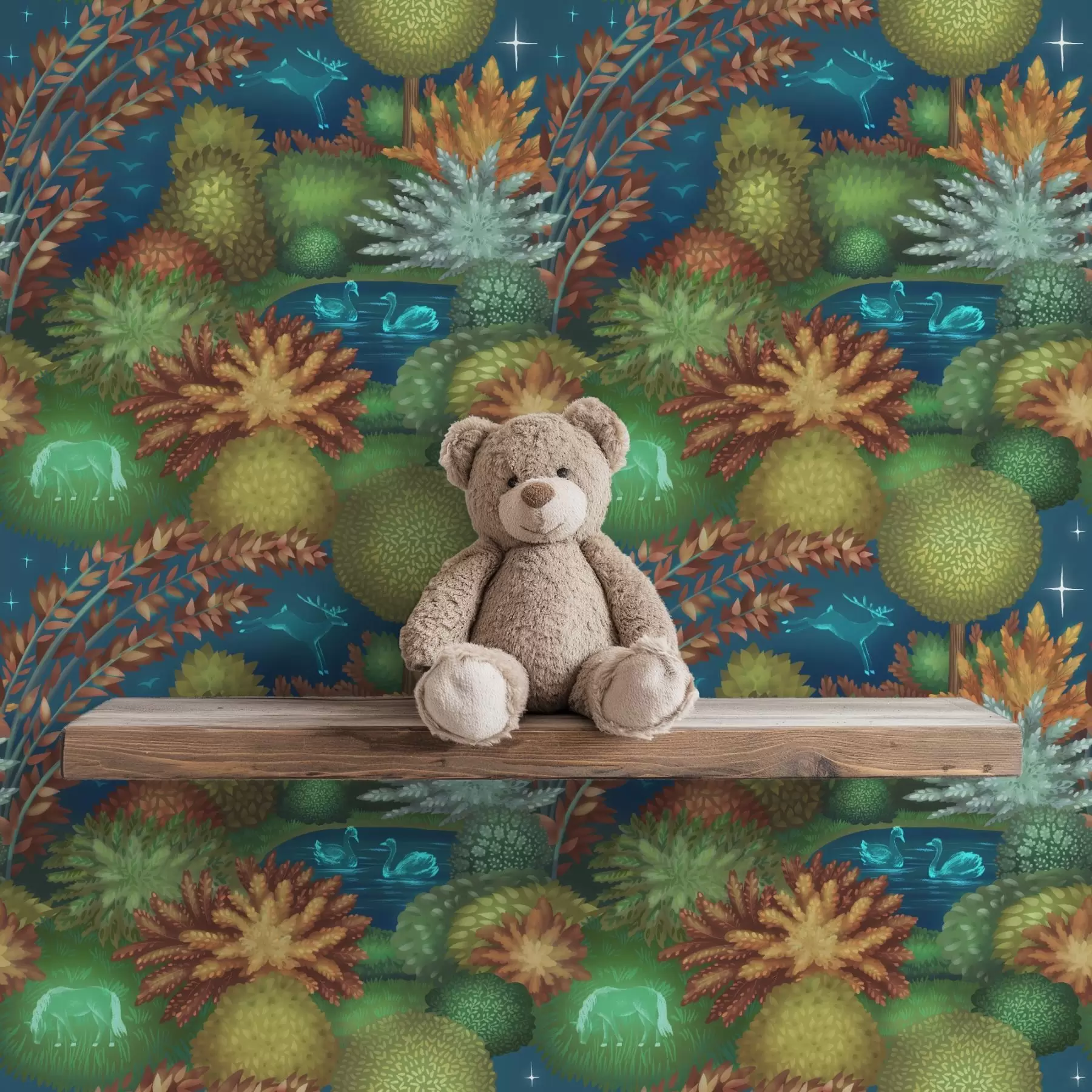 Fototapet Sagolik natt trädgård med en sjö och lysande djur a00851