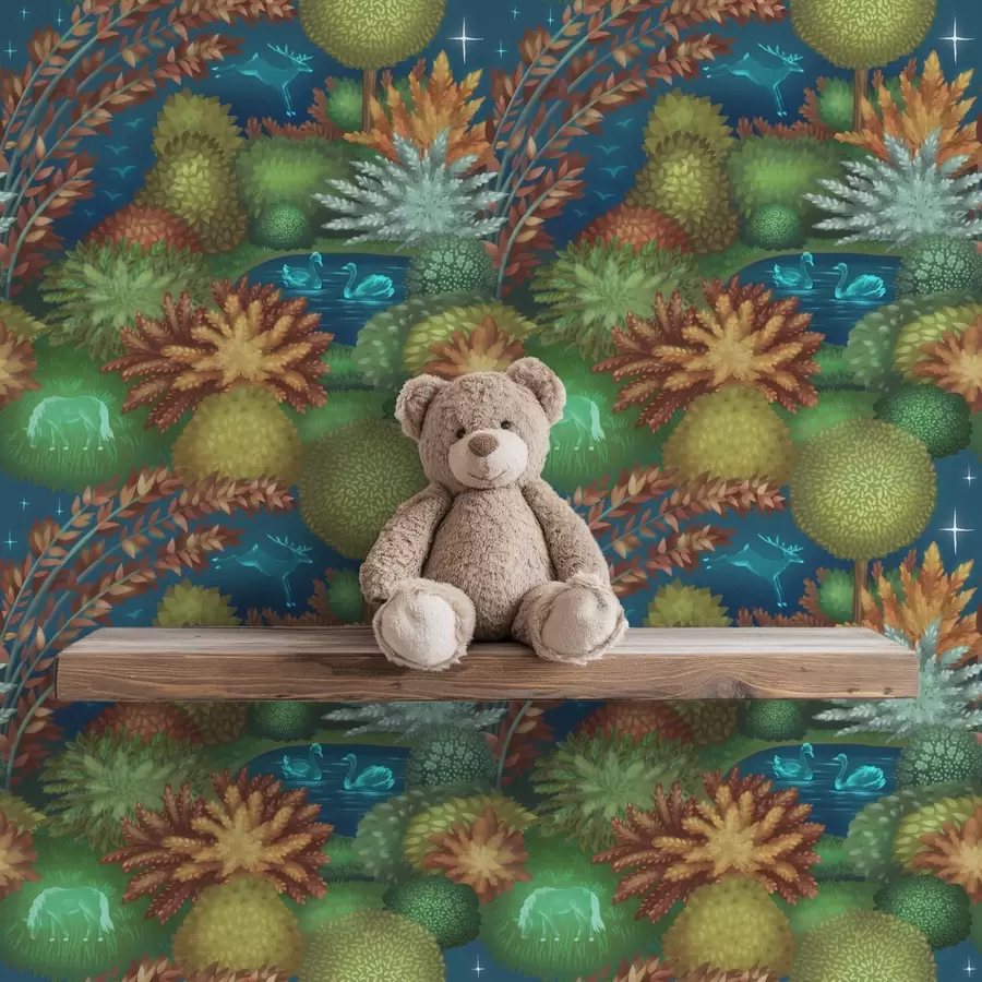 Fototapet Sagolik natt trädgård med en sjö och lysande djur a00851