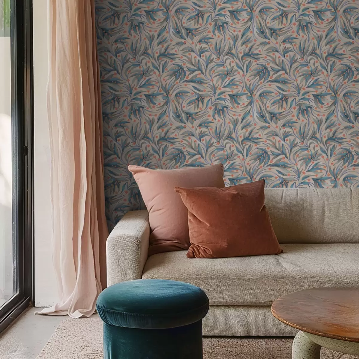 Bakgrund Abstrakt blått bladverk med korallblommor a00852