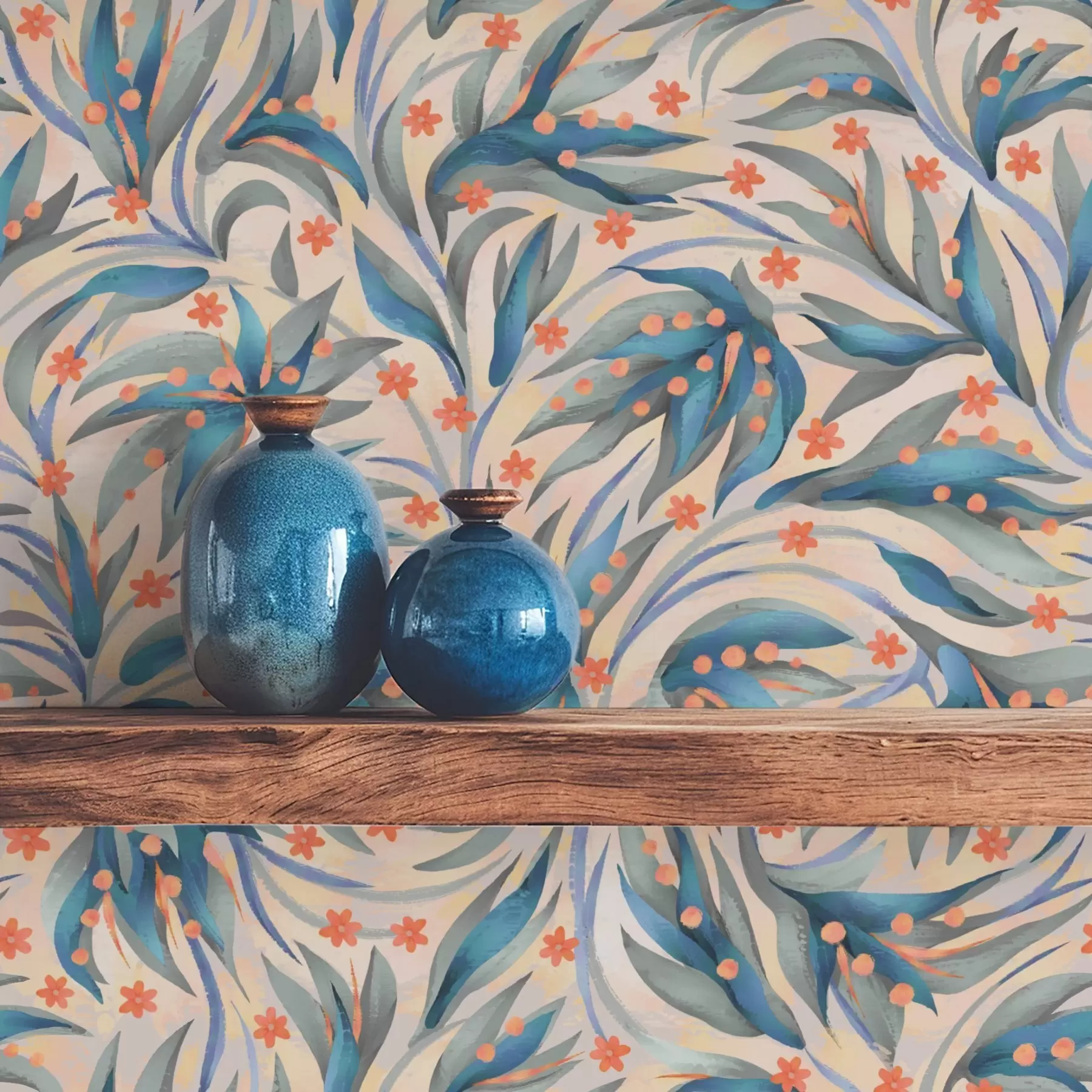 Fototapet Abstrakt blått bladverk med korallblommor a00852