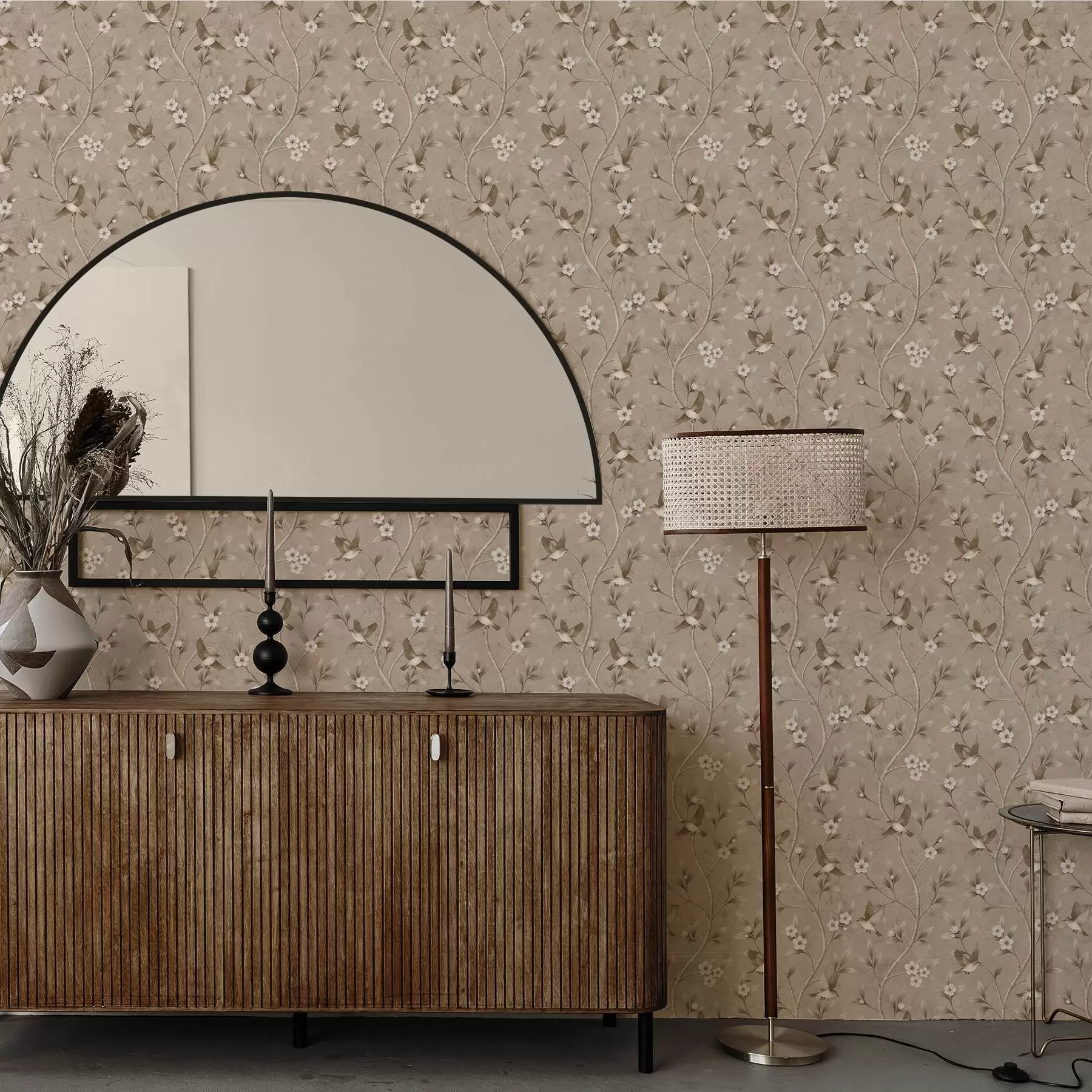 Fototapet Fåglar och blommande grenar i varma sepiafärger a00882