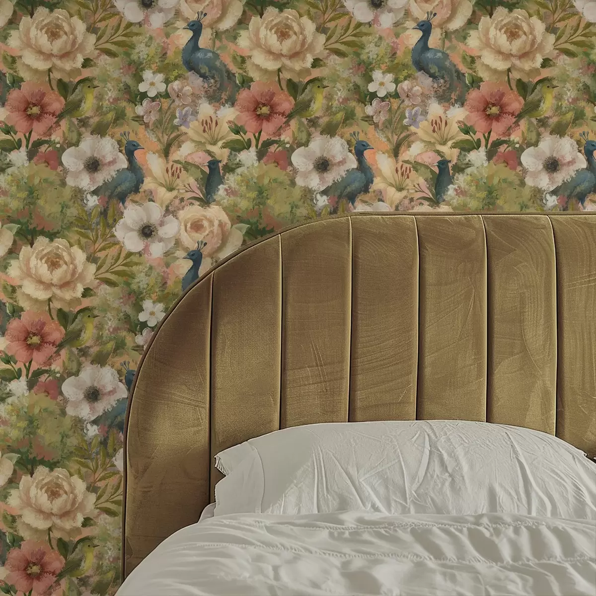 Bakgrund Målningsliknande trädgård med påfåglar och stora blommor a00885