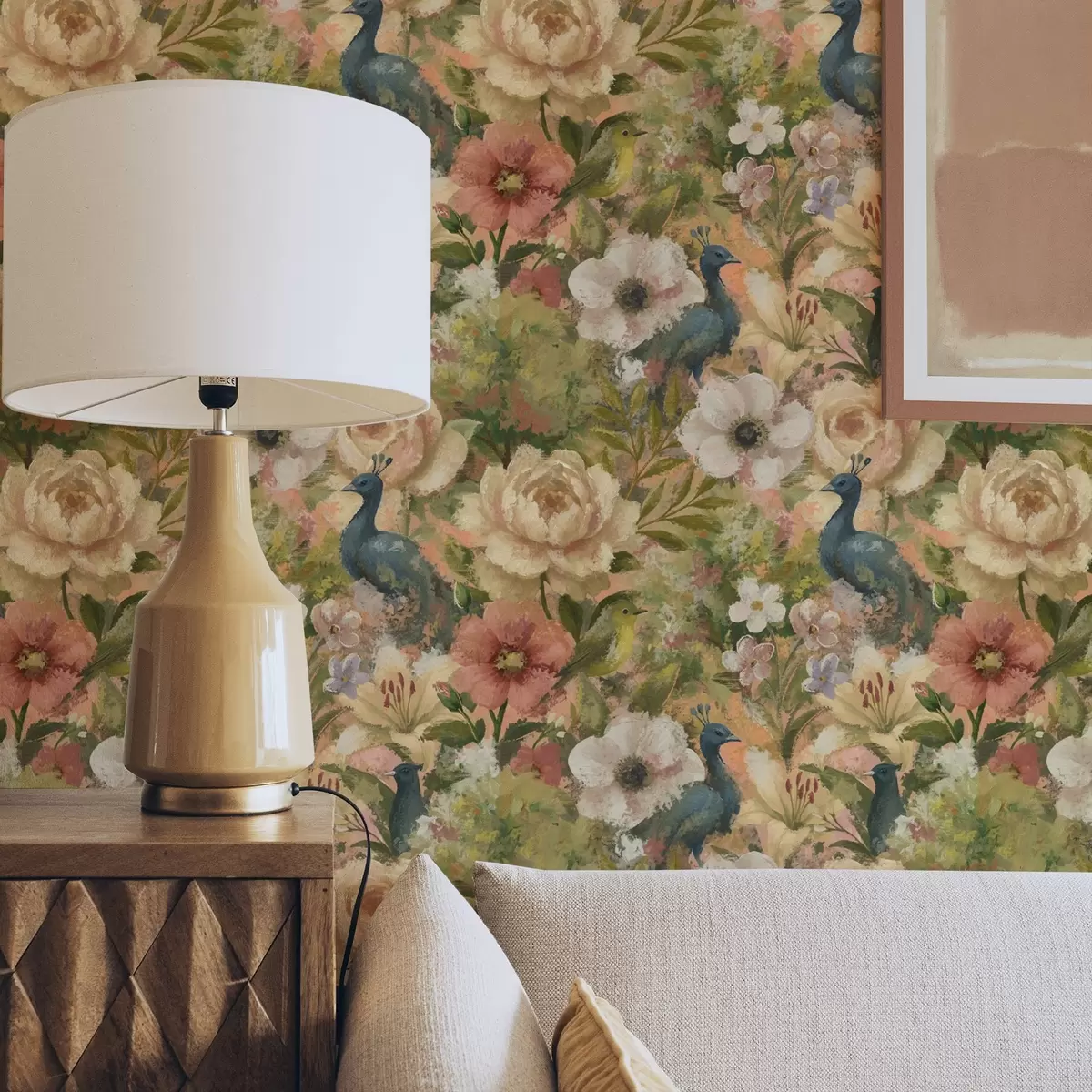 Bakgrund Målningsliknande trädgård med påfåglar och stora blommor a00885