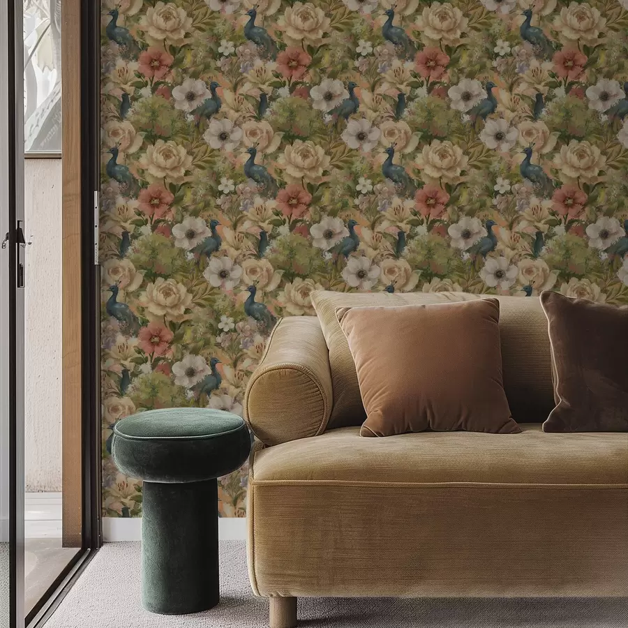 Fototapet Målningsliknande trädgård med påfåglar och stora blommor a00885