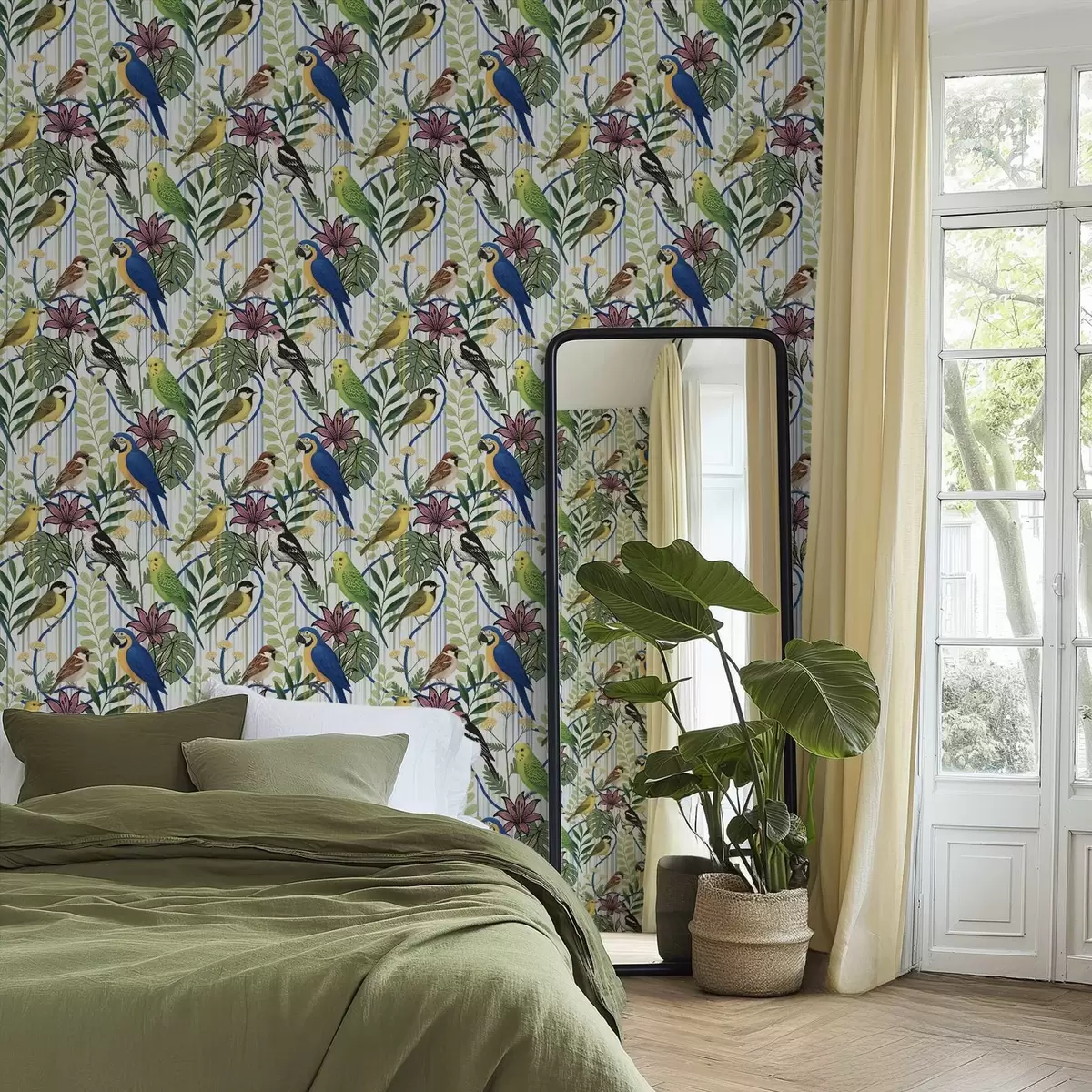 Bakgrund Ljusa exotiska fåglar bland tropisk grönska a00887