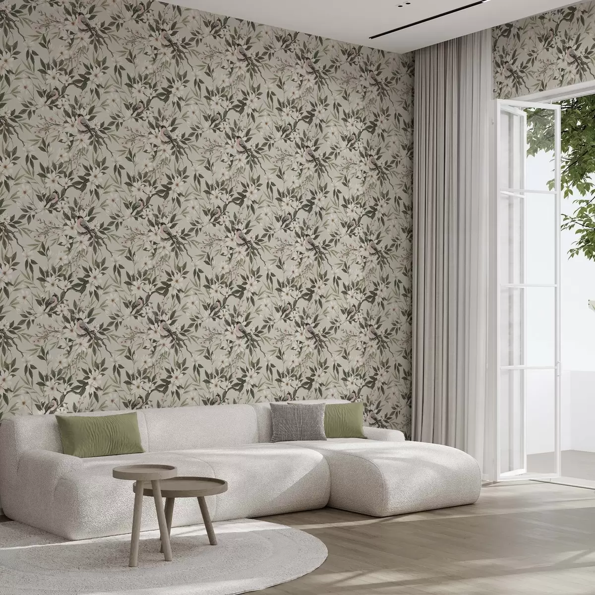 Bakgrund Domherrar med vita bröst på grenar med krämfärgade blommor a00889