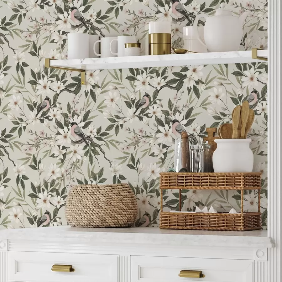 Fototapet Domherrar med vita bröst på grenar med krämfärgade blommor a00889