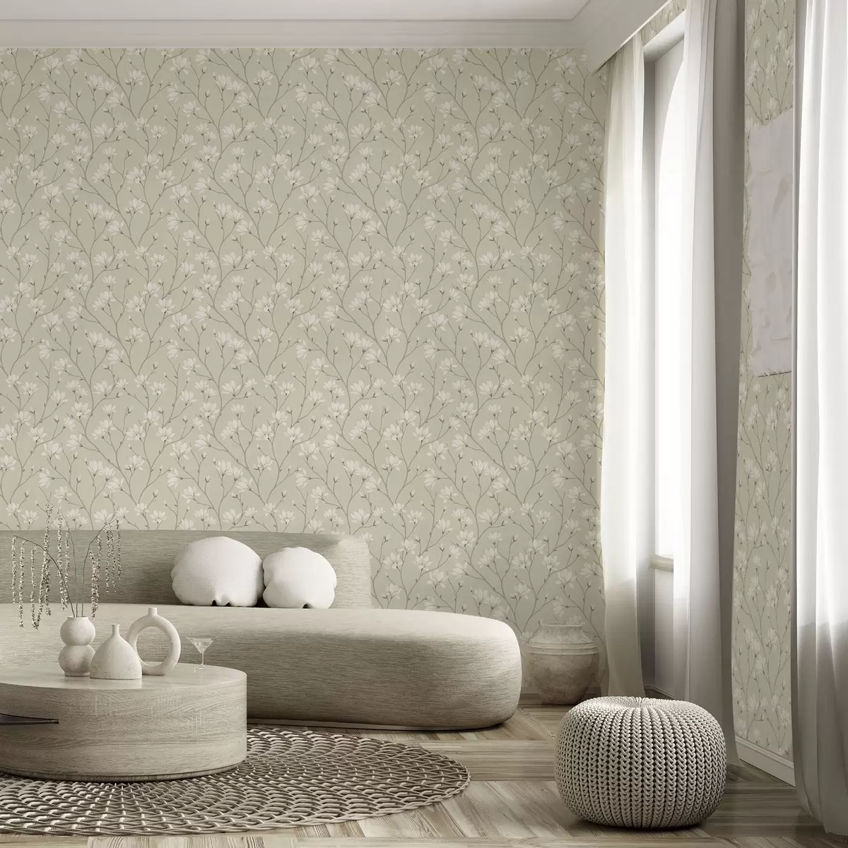 Bakgrund Ljusa magnolior på smala beige grenar a00890