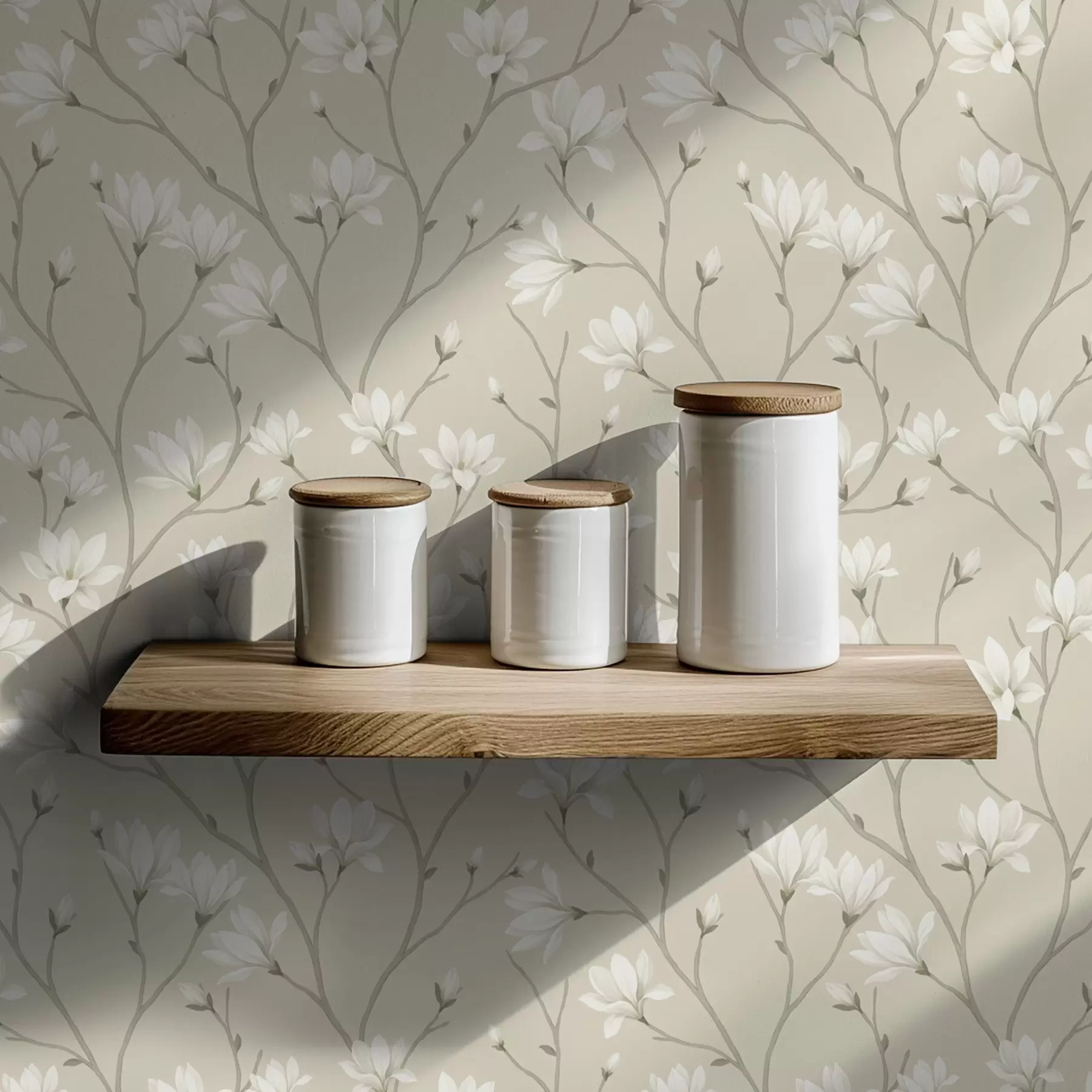 Fototapet Ljusa magnolior på smala beige grenar a00890