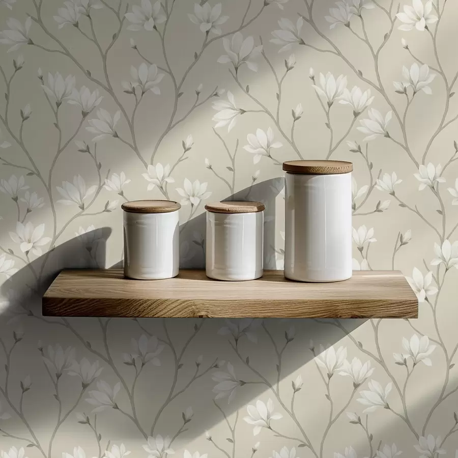 Fototapet Ljusa magnolior på smala beige grenar a00890