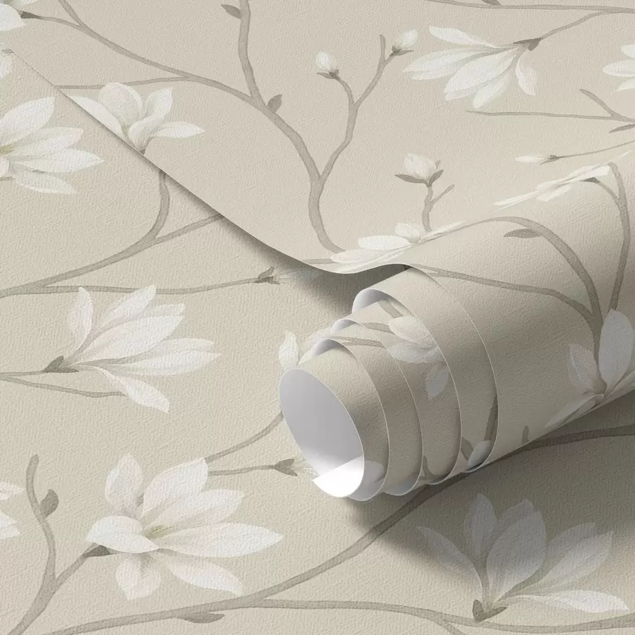 Fototapet Ljusa magnolior på smala beige grenar a00890