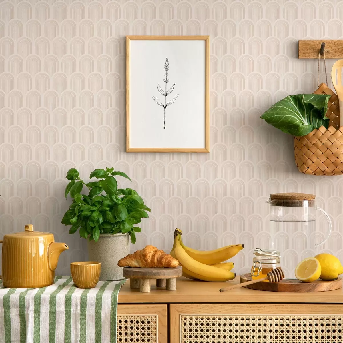 Bakgrund Rad med bågformade mönster i mjuka beige ränder, retrostil a00923