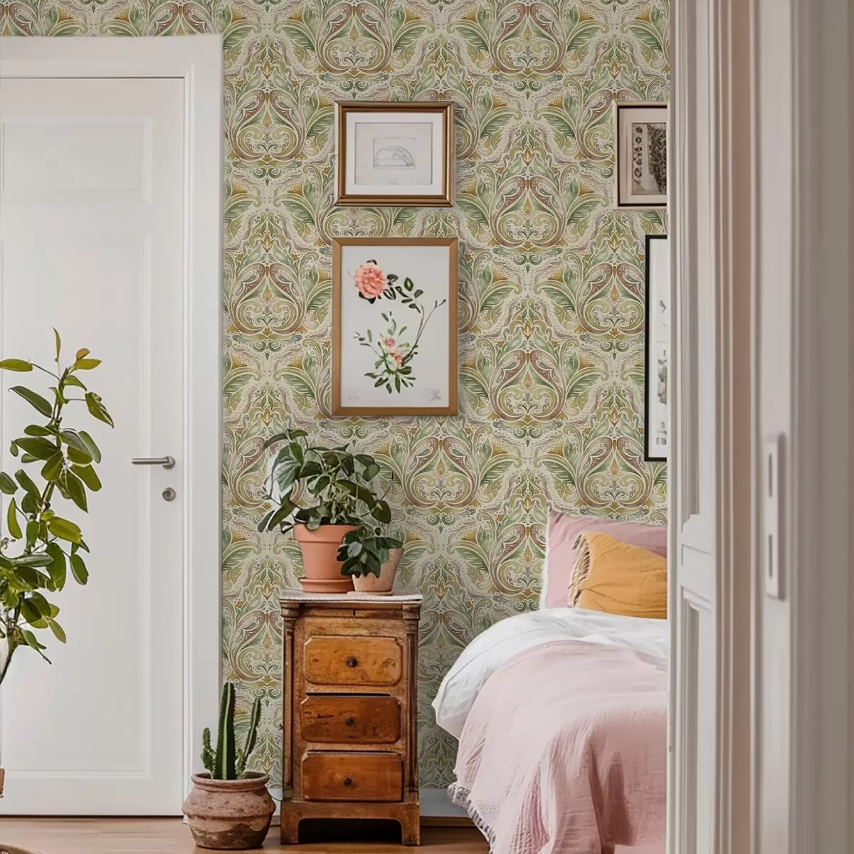 Bakgrund Akvarellmålade bladvirvlar i gröna och varma ockrafärger a00927