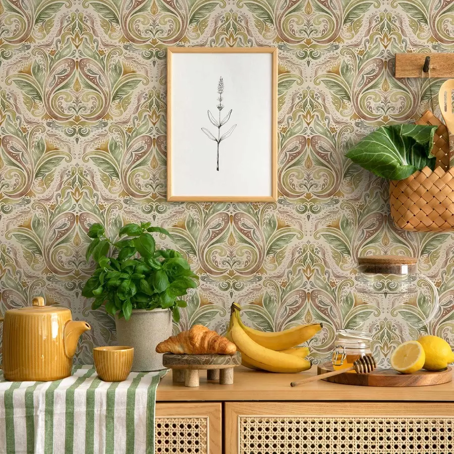 Fototapet Akvarellmålade bladvirvlar i gröna och varma ockrafärger a00927