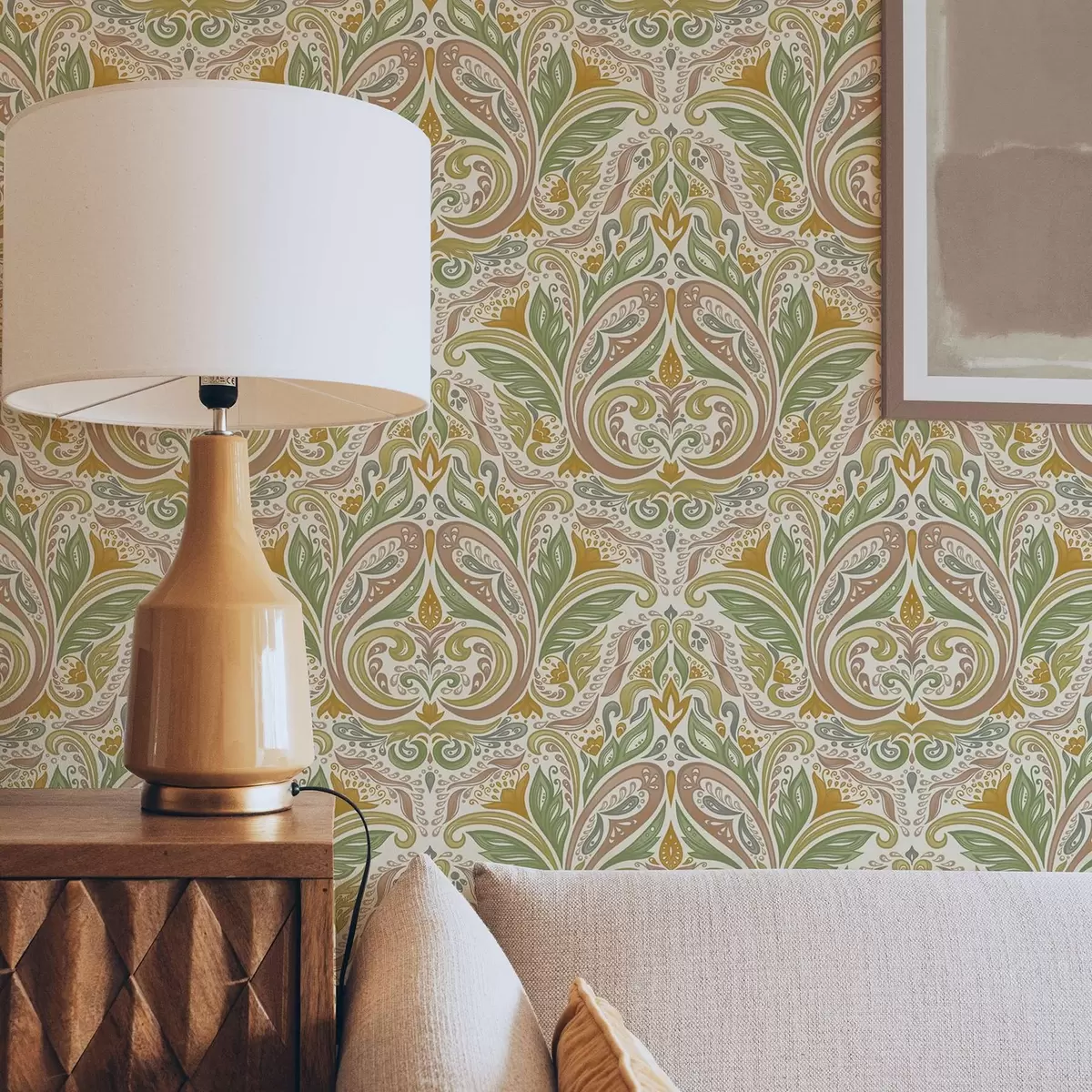 Bakgrund Dekorativa bladvirvlar i gröna och terrakottafärgade toner a00927v1