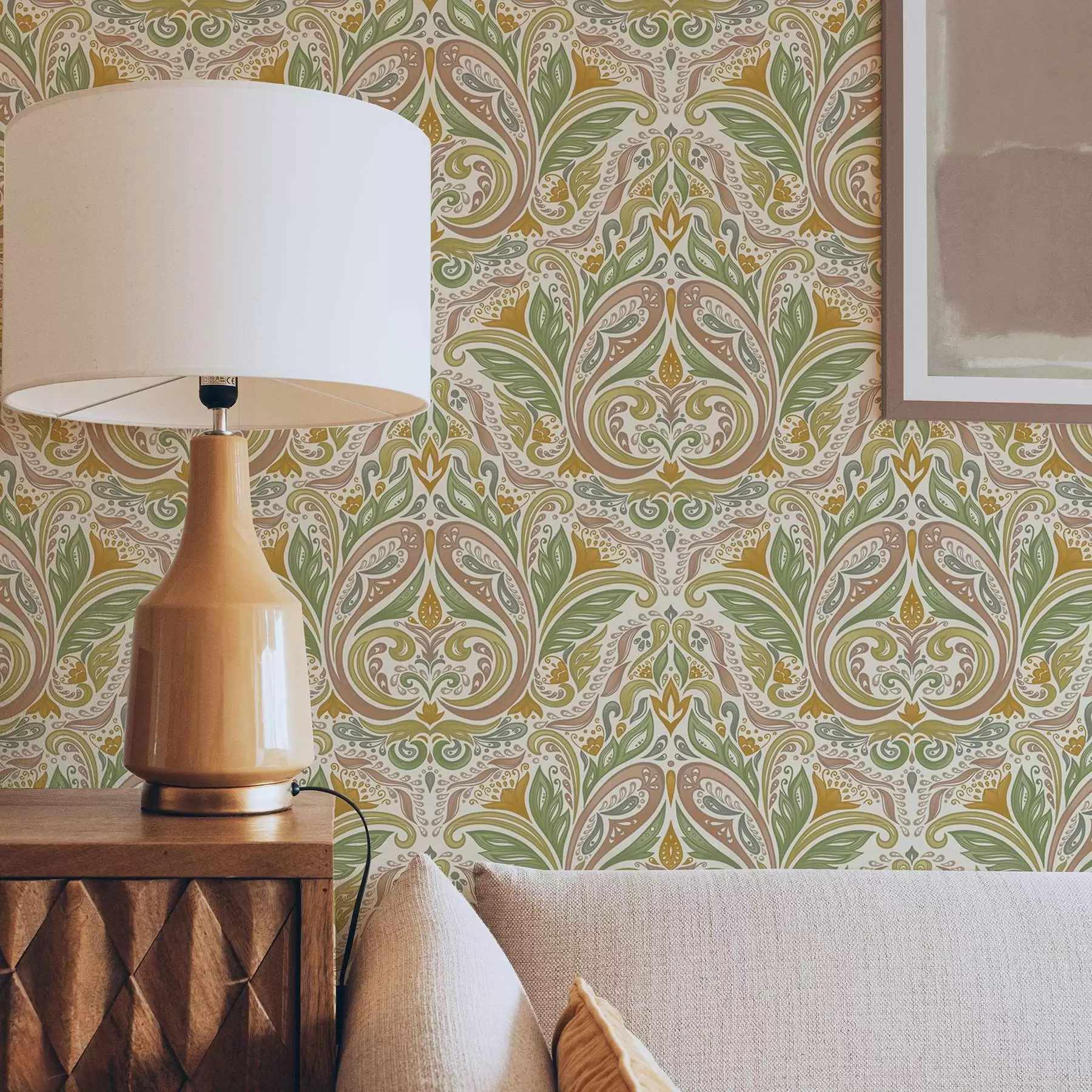 Fototapet Dekorativa bladvirvlar i gröna och terrakottafärgade toner a00927v1