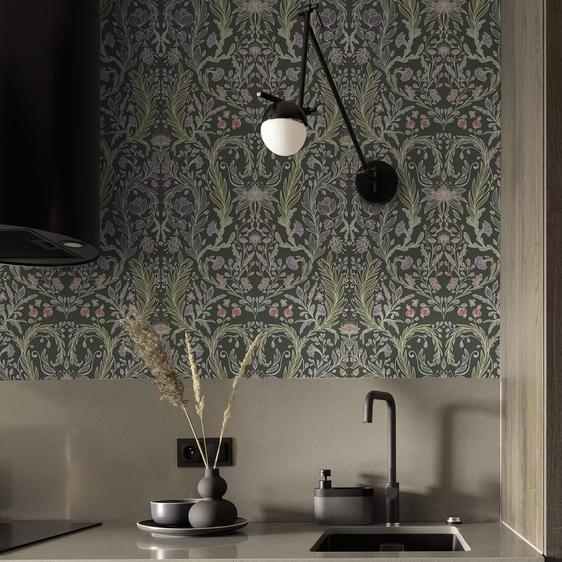 Fototapet Symmetriskt blommönster på mörkgrön bakgrund a00928