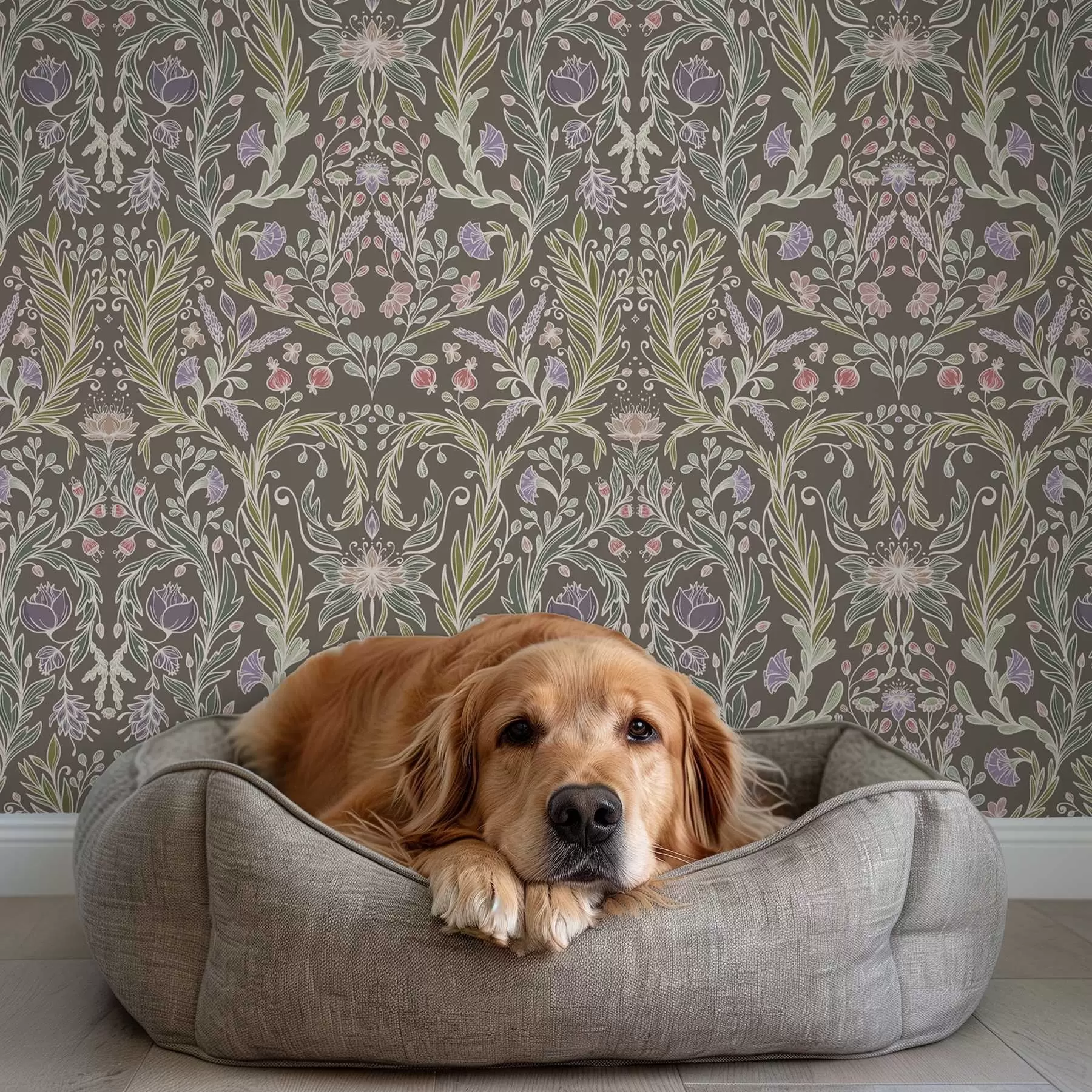 Fototapet Symmetriska blommor och blad på en brungrå bakgrund a00928v2