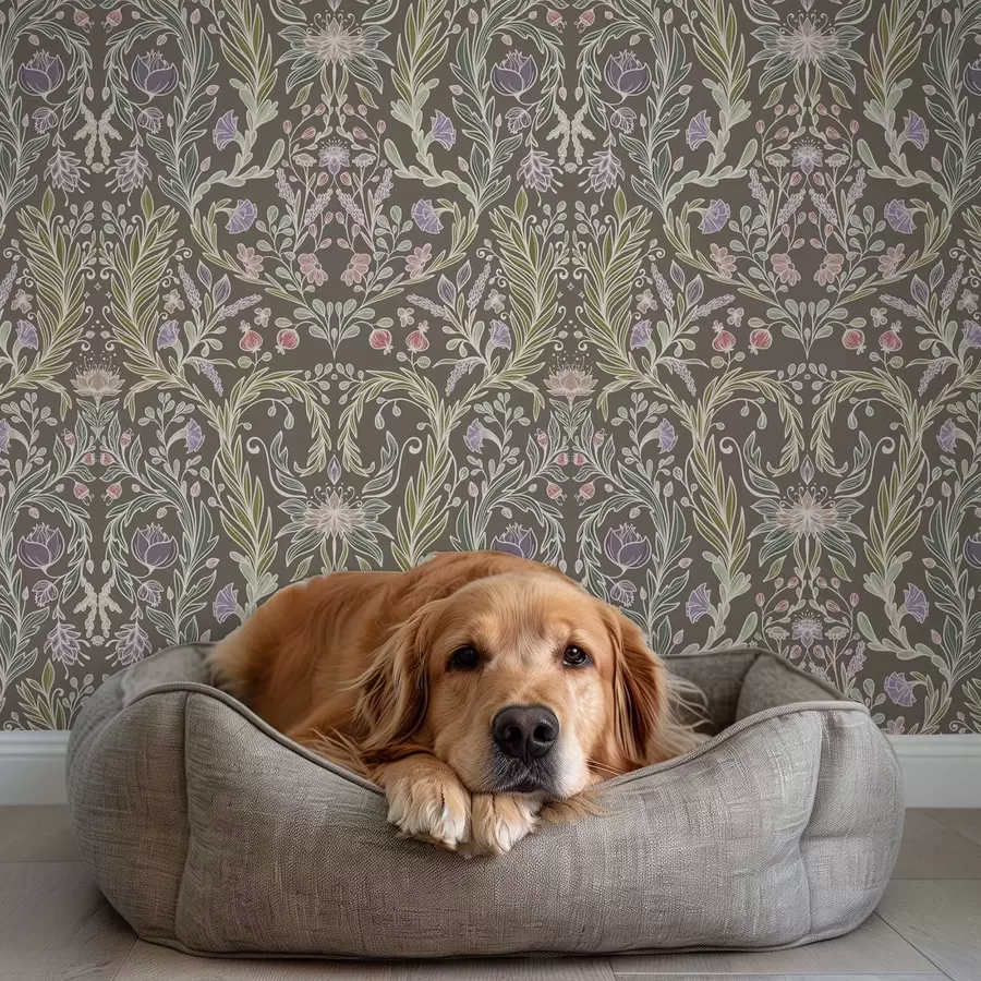 Fototapet Symmetriska blommor och blad på en brungrå bakgrund a00928v2