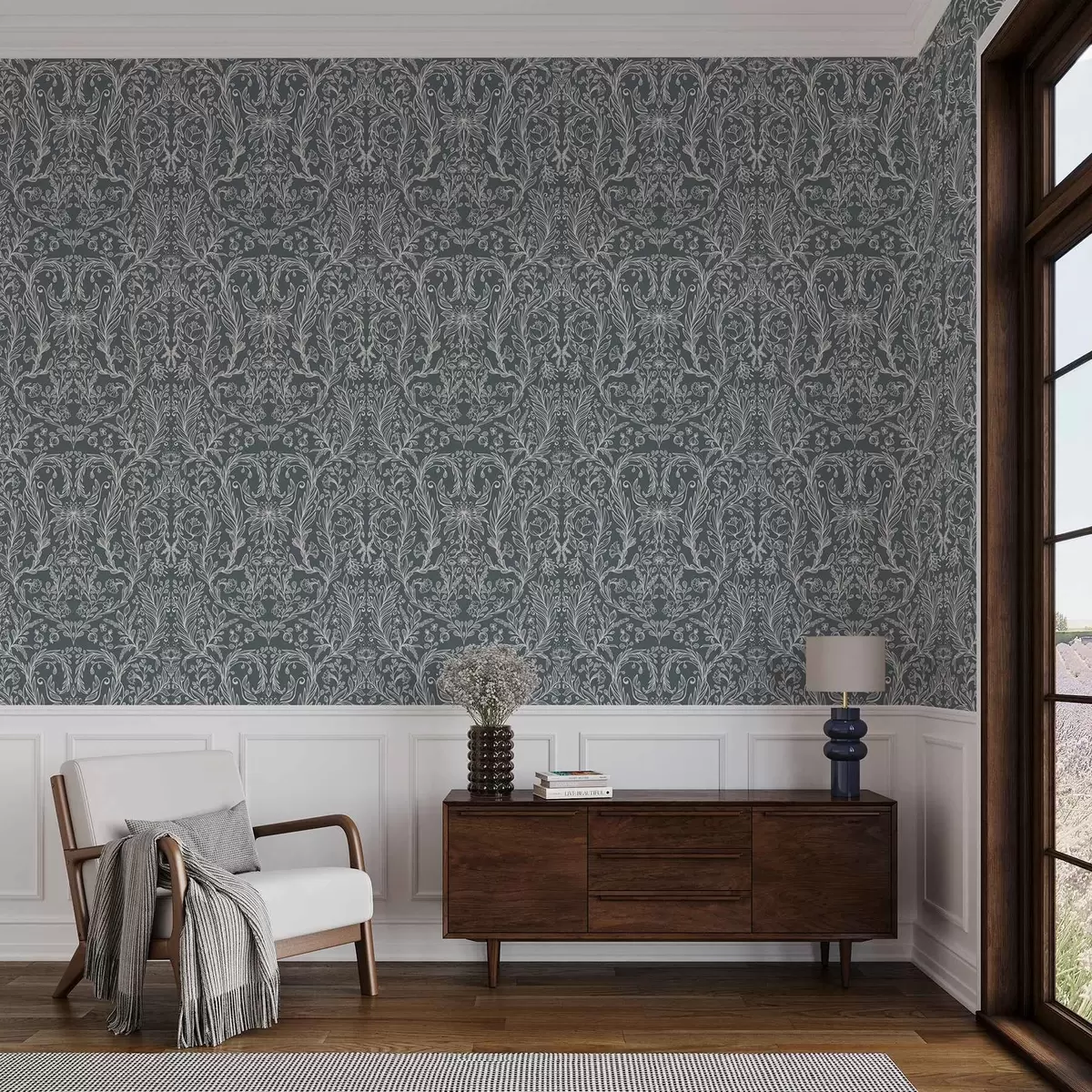 Bakgrund Linjärt blommönster på blågrå bakgrund a00929v1