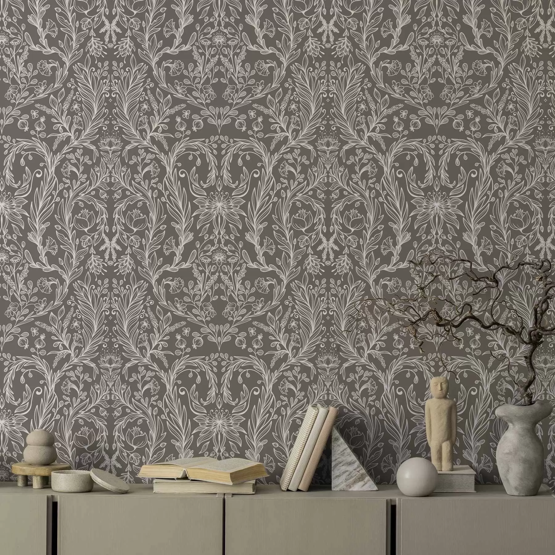 Fototapet Monokromt botaniskt mönster på varmbrunt a00929v2