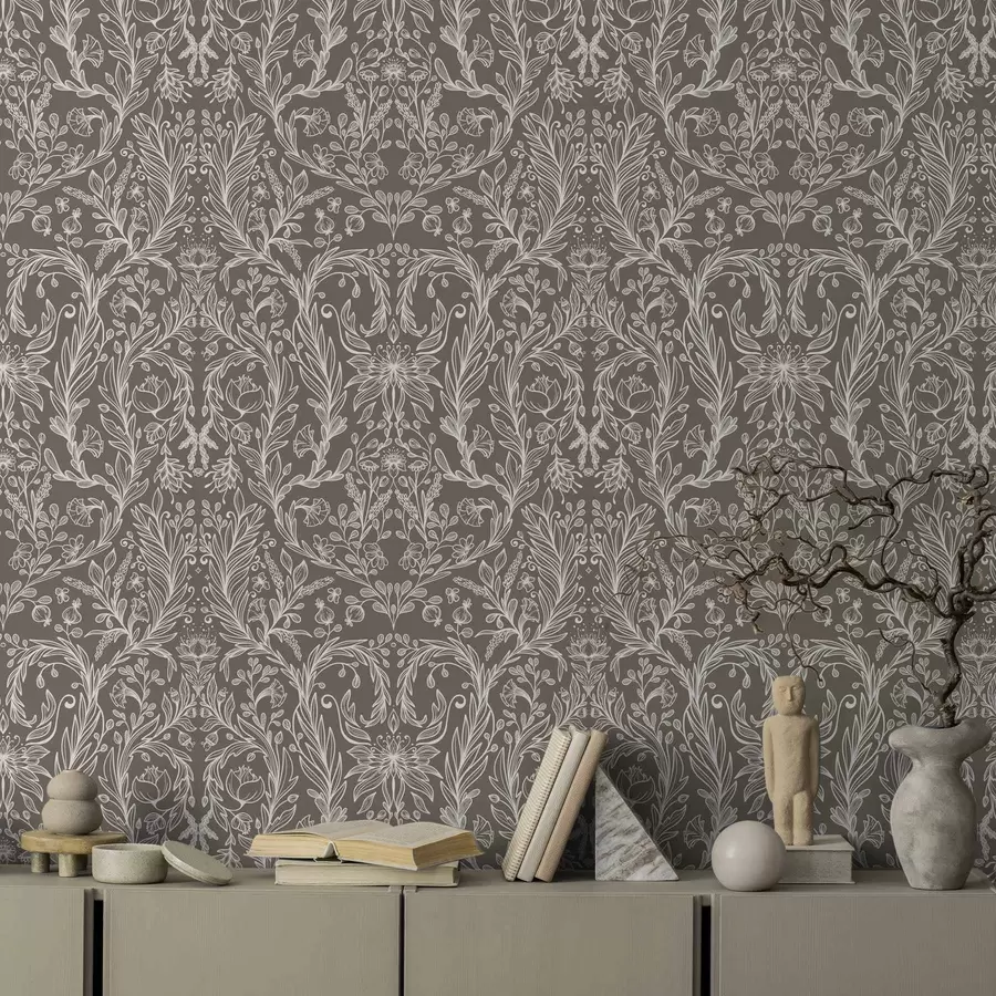 Fototapet Monokromt botaniskt mönster på varmbrunt a00929v2