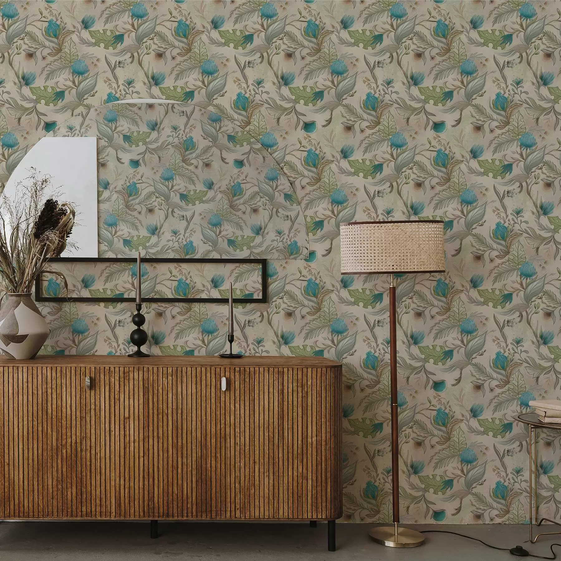 Fototapet Blå knoppar och blad på en ljusbeige bakgrund a00930