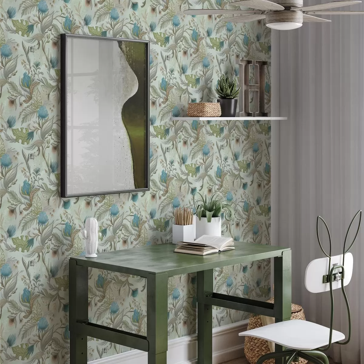 Bakgrund Blå blommor och grönska på en mjuk mintgrön bakgrund a00930v1