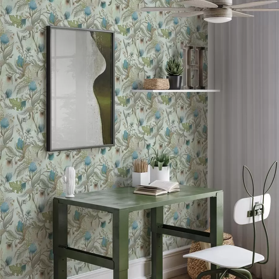 Fototapet Blå blommor och grönska på en mjuk mintgrön bakgrund a00930v1