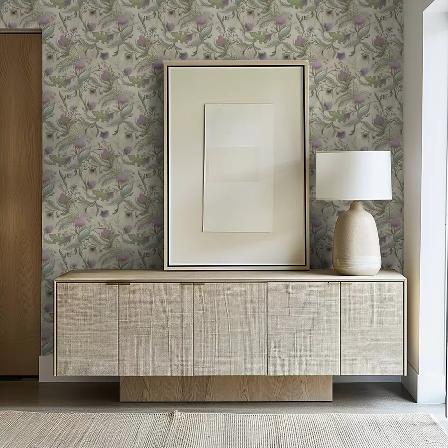 Fototapet Lila knoppar och mjuk grönska på en krämfärgad bakgrund a00930v2