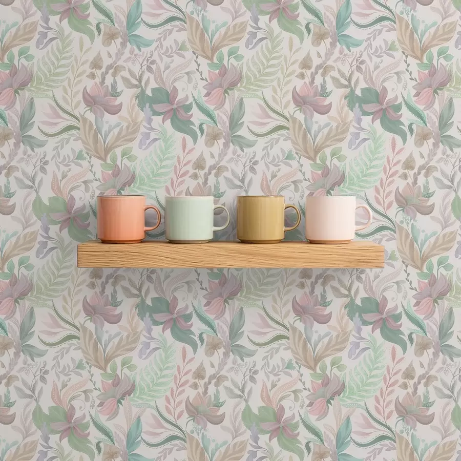 Fototapet Delikata pastellfärgade blommor och blad på ljus bakgrund a00931