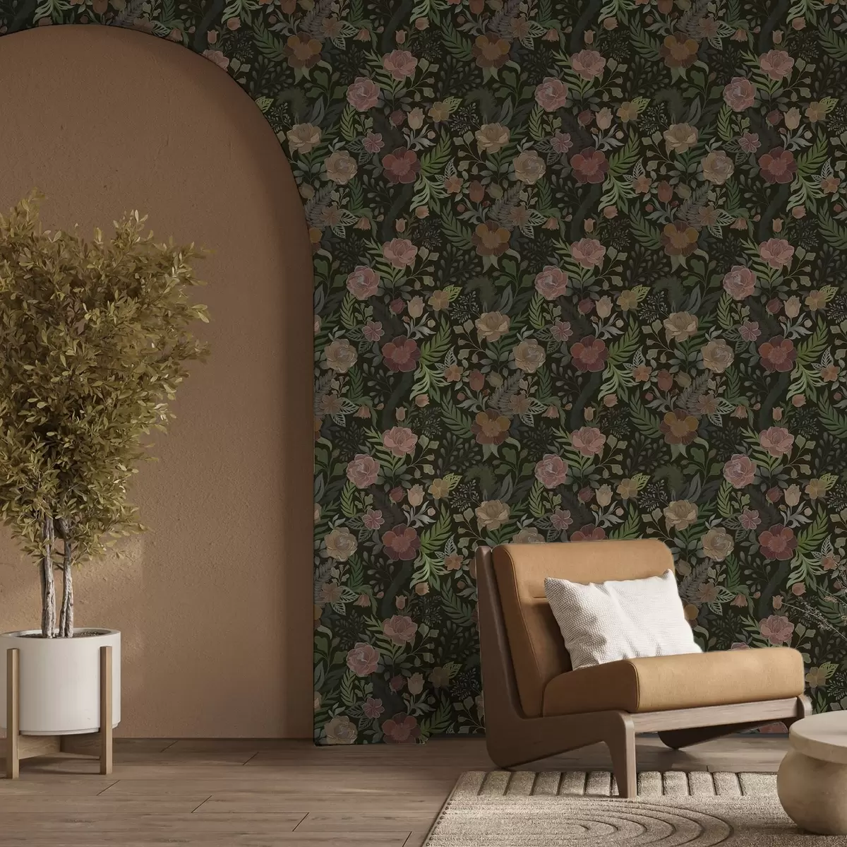 Bakgrund Rika blommor och grönska på en djup mörk bakgrund a00932