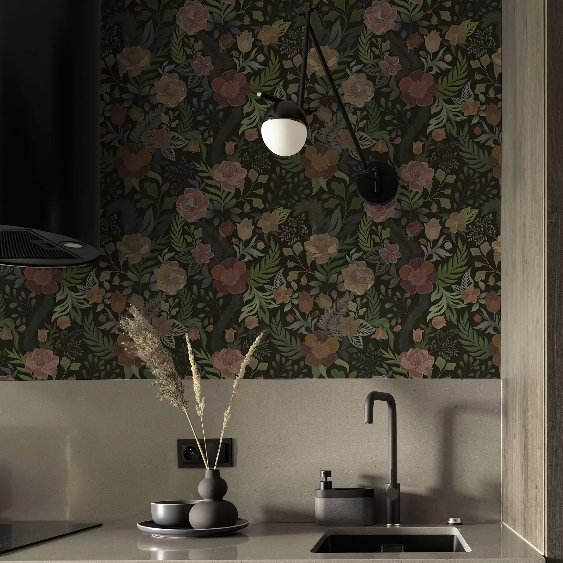 Fototapet Rika blommor och grönska på en djup mörk bakgrund a00932