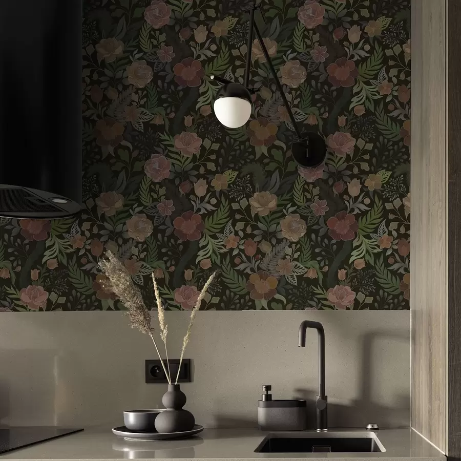 Fototapet Rika blommor och grönska på en djup mörk bakgrund a00932