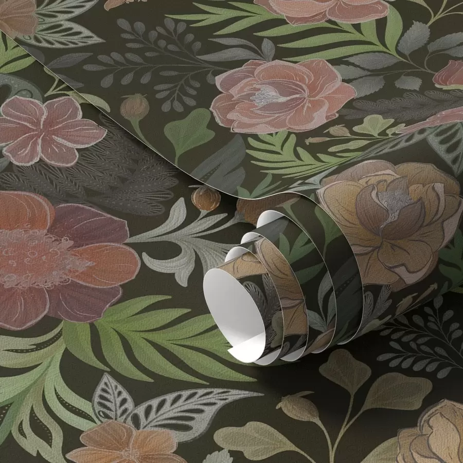 Fototapet Rika blommor och grönska på en djup mörk bakgrund a00932