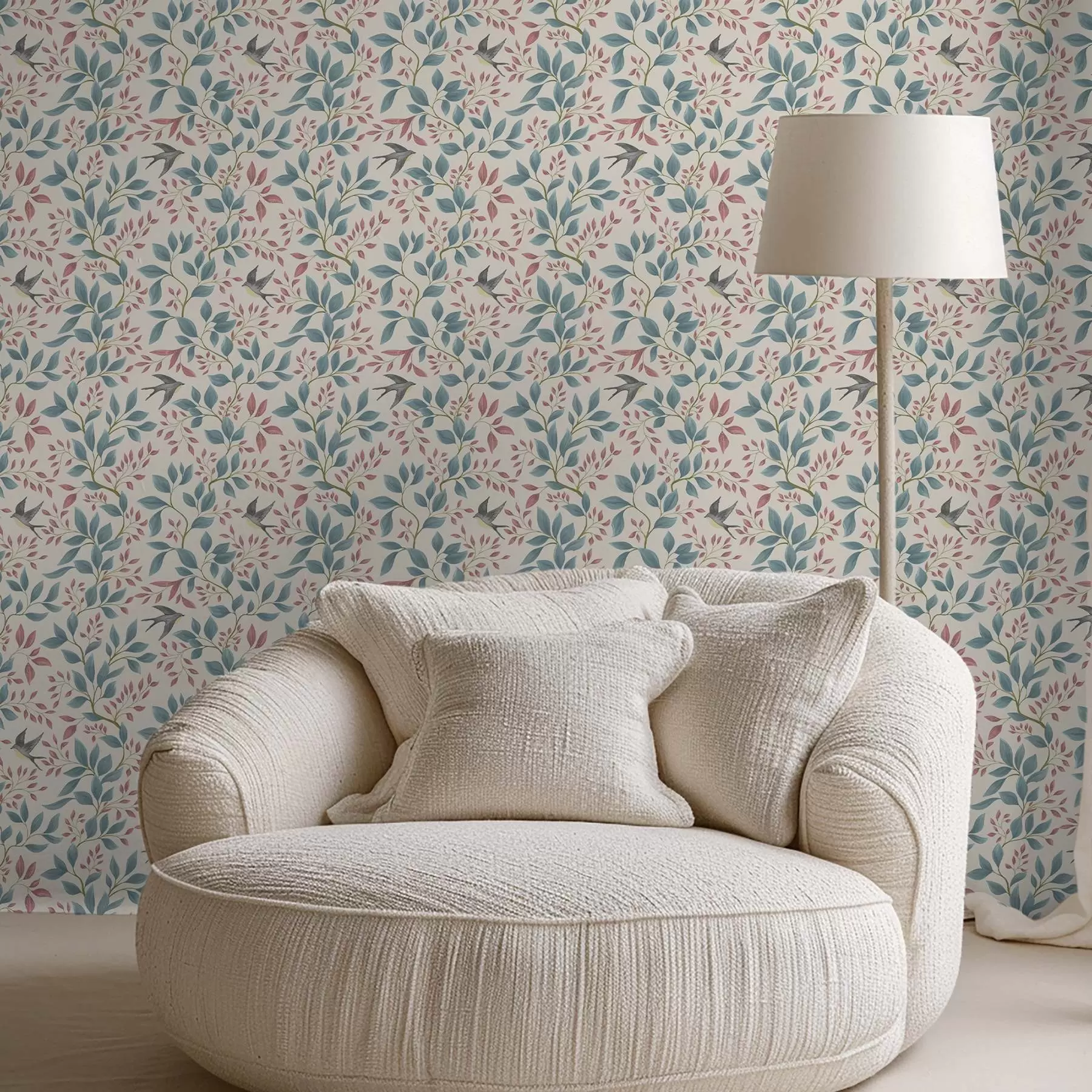 Fototapet Blå och rosa grenar med fåglar på en krämfärgad bakgrund a00933