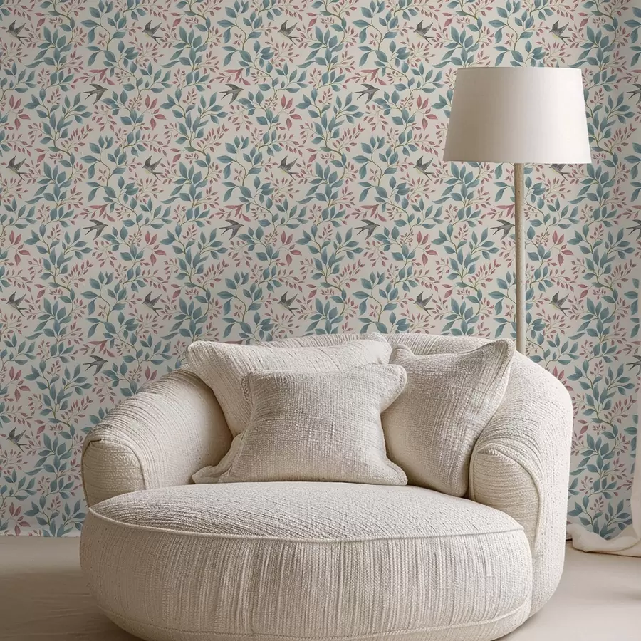 Fototapet Blå och rosa grenar med fåglar på en krämfärgad bakgrund a00933