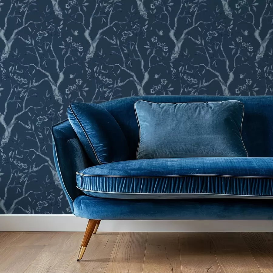 Fototapet Blå blommande grenar med fjärilar på mörk bakgrund a00951v1