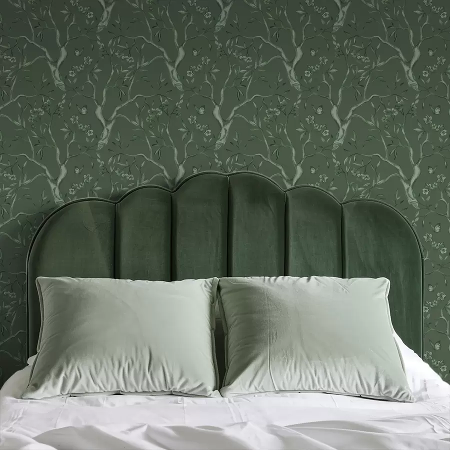 Fototapet Gröna blommande grenar med fjärilar på en mörk bakgrund a00951v3