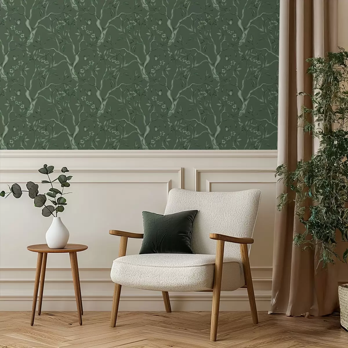 Bakgrund Gröna blommande grenar med fjärilar på en mörk bakgrund a00951v3