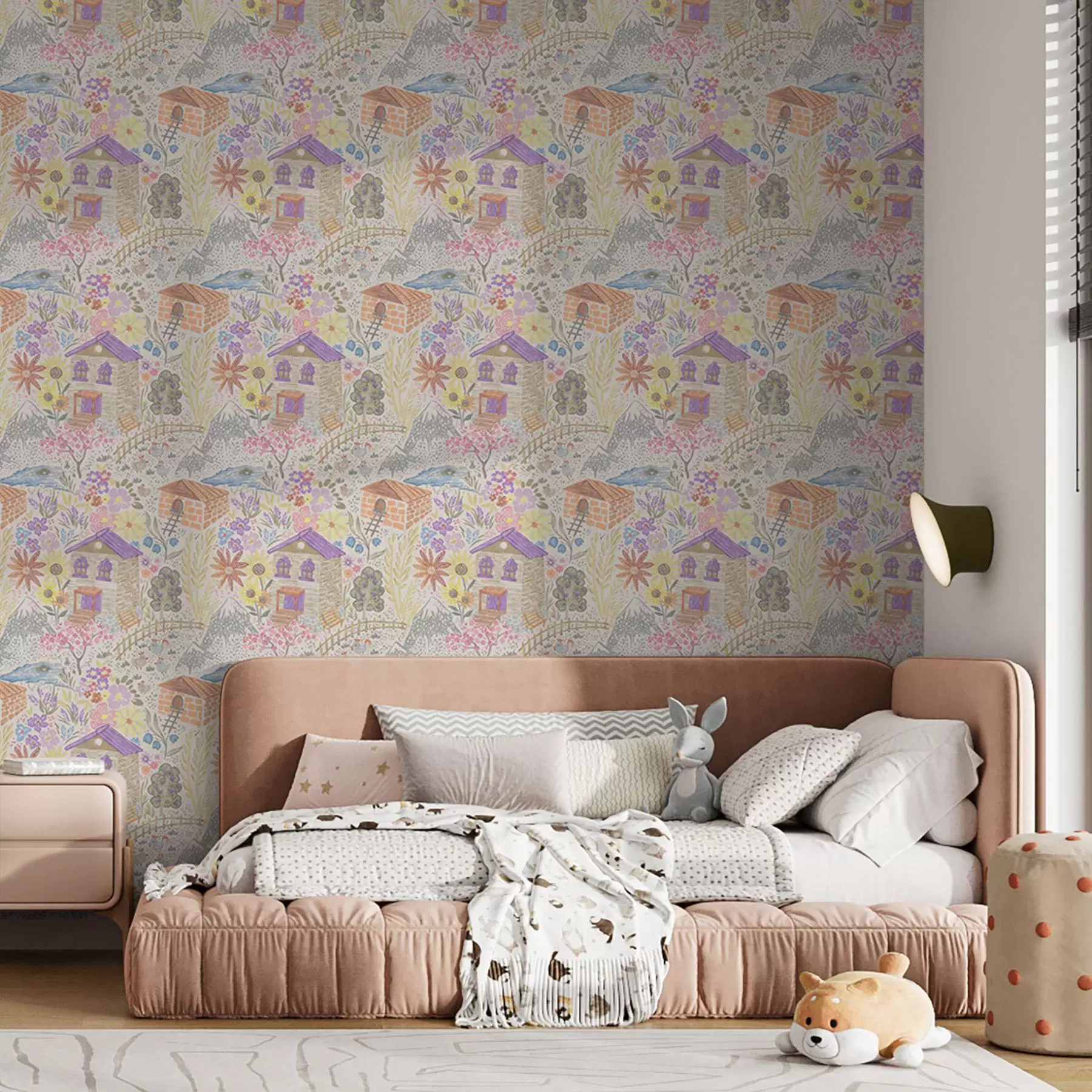 Fototapet Barnslig teckning av en by med ett hus, berg och blommor a00952